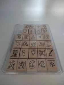 Stampin Up Merry Minis Set of 28 Christmas Holiday Wood Rubber Stamp Kit Retired - Picture 1 of 3