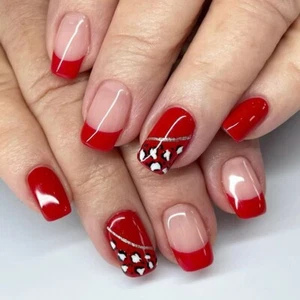 Press on Nails Short Square Red French False Nails Leopard Print Glitter24 pack - Picture 1 of 7