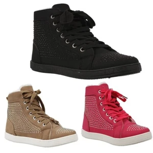 Womens Fur Ankle High Top Lace up Flat Trainers Ladies Diamantie Holiday Pump - Picture 1 of 9