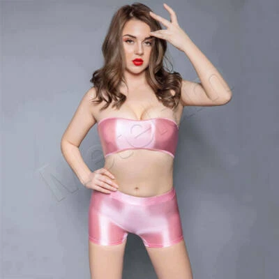 Conjunto de yoga calzoncillos boxer sujetador bandeau sin tirantes tubo brillante satinado para mujer Foto 1 de 4