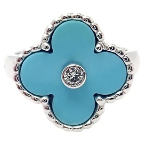 Authentic! Van Cleef & Arpels Alhambra 18k Gold Diamond Turquoise Ring Paper - Picture 1 of 9