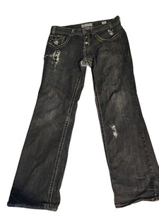 Mek Denim USA Blue Jeans Mens 34x34 Vtg Oaxaca Boot Cut Distressed Button Fly - Picture 1 of 16