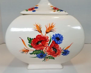 Tarro de galletas/dulces vintage de cerámica ucraniana arte popular amapola roja azul aciano - Imagen 1 de 13
