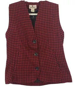 Woolrich Wool Blend Vest S Ruby Red Black Plaid Button Front Lined 2 Zip Pockets - Picture 1 of 7