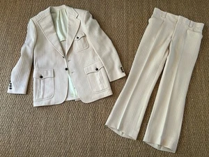 Vintage Romelli 70s Leisure Suit Cream Textured Stripes 2Pc Suit 40" Chest 32x30 - Picture 1 of 23