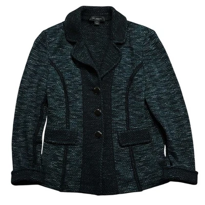 St. John Knit Bouclé Jacket Size 6 Black Green Tweed Wool Cashmere Angora USA - Image 1 of 4