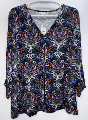 J Jill новый с Ярлыками птица цветочный сад туника верхний 3/4 рукава легкий Flowy L - Изображение 1 из 4