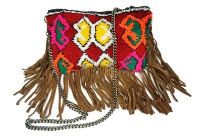 Bolso sin asas alfombra marroquí, cuero gamuza flecos borla Foto 1 de 4