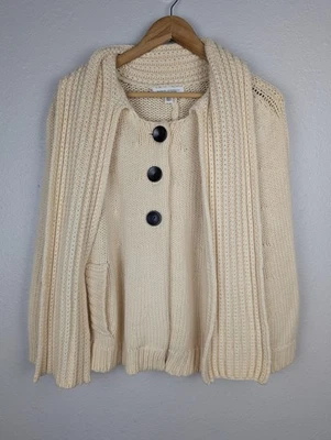Cardigã Banana Republic suéter poncho M/L creme lã merino botão cachecol - Imagem 1 de 4