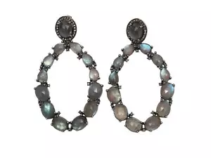 Iridescent Bavna Large Labradorite & Pave Diamond Pierced Earrings - Picture 1 of 1