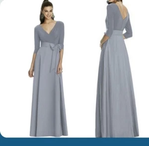 Neu mit Etikett Alfred Sung for Dessy Größe 14 Mikado Surplice langes A-Linien-Kleid platingrau - Bild 1 von 14