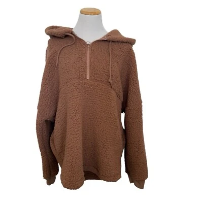 Pulôver feminino Sherpa com capuz rosa Victorias Secret tamanho grande 1/4 zíper marrom - Imagem 1 de 4