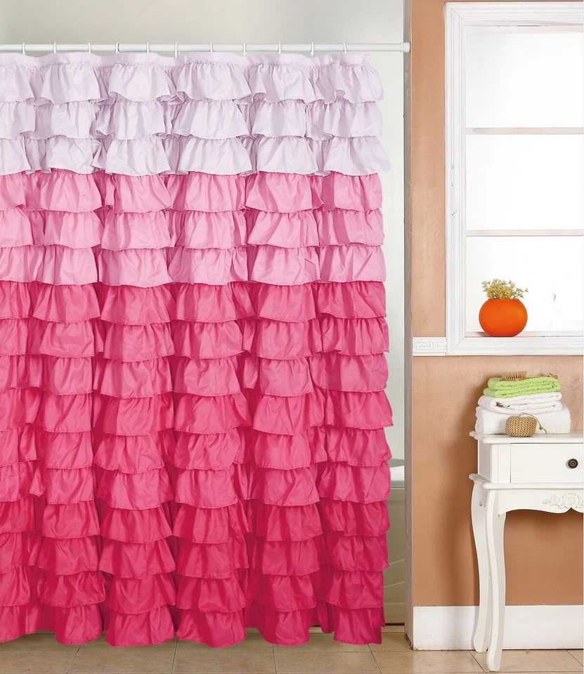 waterfall multi-color  pink  Striped   Ruffled Shower Curtain - Image 1 of 2