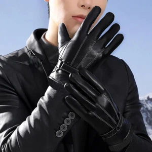 Mens Black Driving Leather Gloves Touch Screen Soft Fleece Lined Thermal Winter - Picture 1 of 15