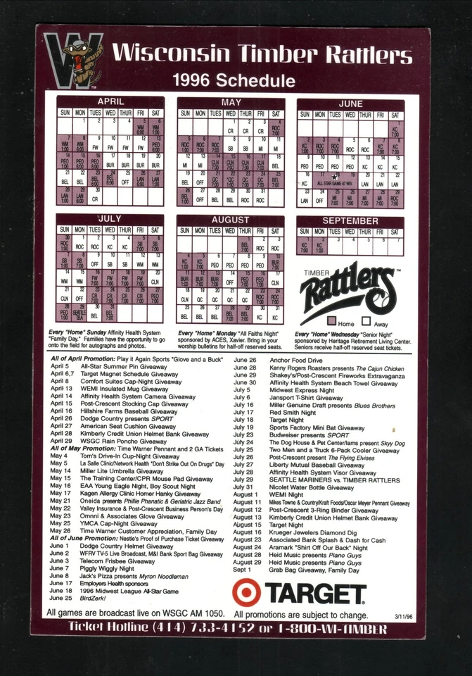 Wisconsin Timber Rattlers 1996 Magnet Schedule Target Mariners Affiliate Midwest - Image 1 of 1