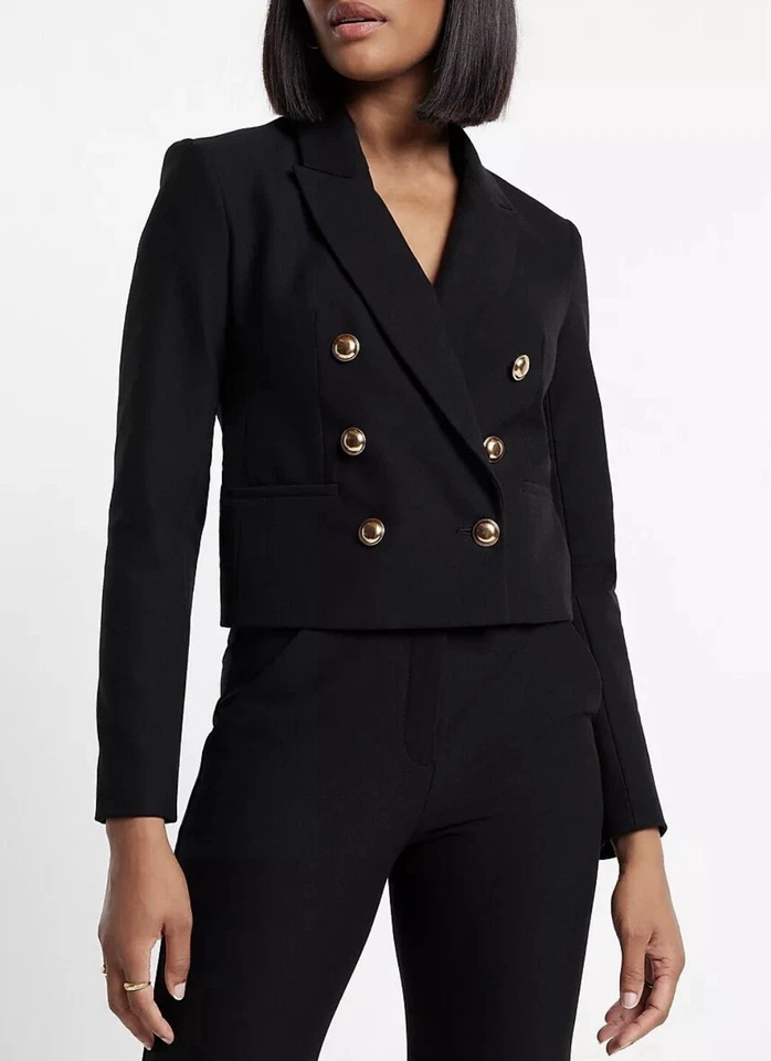 EXPRESS ¡NUEVO CON ETIQUETAS! Blazer Militar Negro Doble Pecho Novedad Botón Dorado Talla XS Foto 1 de 4