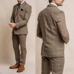 Men's Camel Herringbone Suits 3 Pieces Single Breasted Wedding Formal Groom Suit - Picture 1 of 18
