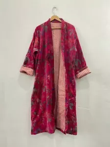Indian Pink Vogel Aufdruck Kimono Robe Kimono Braut Dusche Kleid Samt Kimonos US - Bild 1 von 4