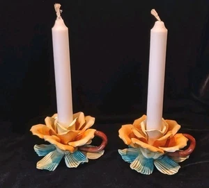 Vintage Bassano Rose Candle Holder Ceramic Porcelain Set Of 2 Collectable - Picture 1 of 19