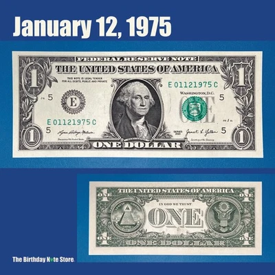 January 12, 1975 Birthday Anniversary $1 One Dollar Bill Serial Number 01121975 - Image 1 of 2