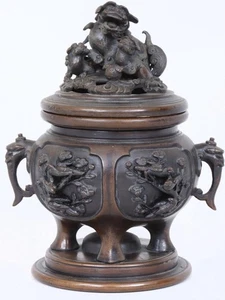 Schönes antikes japanisches Bronze Foo Hund Räuchergefäß Vögel Masken Dekoration signiert - Bild 1 von 9