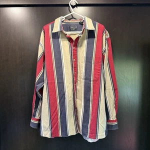 Vtg 90s Trader Bay Mens X Large Red Blue Cotton Striped Button Down Shirt - Picture 1 of 5