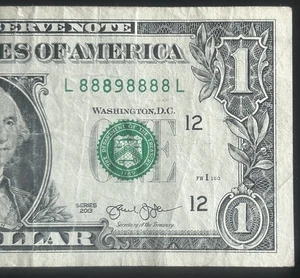 (NEAR SOLID!)$1 Binary Near Solid 7 Of A Kind 8s Fancy Serial Number L88898888L - Picture 1 of 4