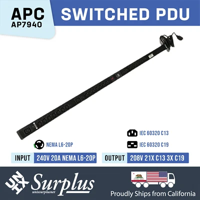 PDU conmutada L6-20P 21x C13 3x C19 200V / 208V 3,3 kVA APC AP7940 Zero U 16A Foto 1 de 4