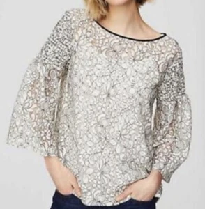 LOFT  Top Floral Lace Blouse XS Boho Overlay White Black Bell Sleeve Fairy - Picture 1 of 12