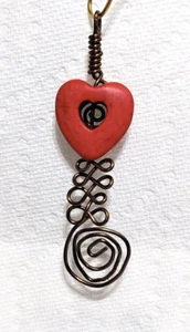 HANDMADE RED LOVE HEART PENDANT ANTIQUE COPPER WIRE WRAPPED SPIRAL DESIGN GIFT - Picture 1 of 7