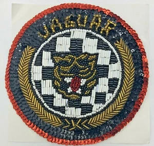 Vintage Jaguar Head 5“ Beads and Sequins Patch Round Logo Medallion 1980s - Imagen 1 de 8