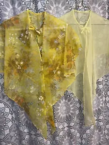 Vintage Mid Century Pair Yellow Chiffon Capelets Shawls Floral Nice! - Picture 1 of 8