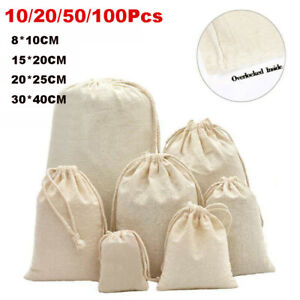 10-100Pcs Drawstring Storage Bags Bulk Linen Calico Bags Cotton Tote Gift Bag