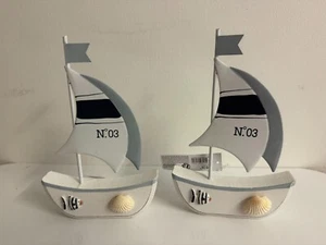 sail boat ornaments - wood and metal - end of line - light blue white - set of 2 - Picture 1 of 5