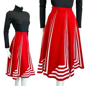 VTG 60S 70S RED WHITE STRIPE GEOMETRIC MOD A LINE MIDI SKIRT 14 - Picture 1 of 10