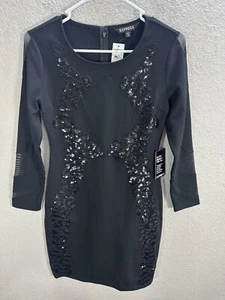 Express Black Sequin Beaded Mini Bodycon Dress Mesh Stretch Cocktail Sz XS NWT - Picture 1 of 6