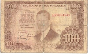 1953 España El Banco de España 100 Cien Pesetas #1X7654543 - Imagen 1 de 2