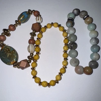 Lot of 3 Stretch Bracelets – Amazonite, Yellow Howlite, Wood & Ceramic Beads - Image 1 of 4