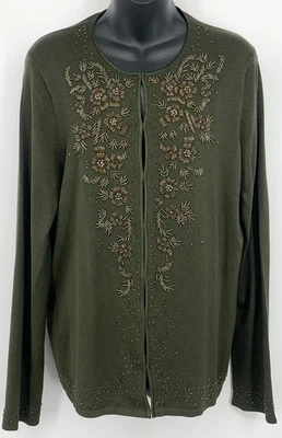 NUEVO Cárdigan Ann Taylor Mujer XL Verde Oscuro Cuentas Botones Ocultos Floral Abierto Foto 1 de 4