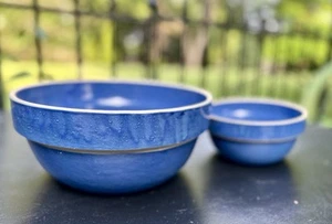 Vintage Country Blue Stoneware Mixing Bowls Drip Glaze 10” Large Bowl And Small - Imagen 1 de 7