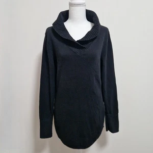 Calvin Klein Sweater Womens L* Black Knit Fold Over Collar V Neck Ribbed Cuff - Picture 1 of 10