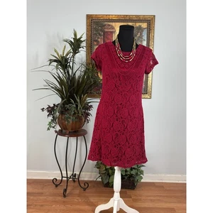 Xhilaration Lace Dress Women Size Medium Red Crochet Short Sleeve Lined - Picture 1 of 10