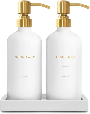 Juego Dispensador de Jabón Dorado, Dispensador de Jabón de Vidrio con Bomba de Acero Inoxidable, Perfecto Foto 1 de 4