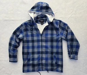 Gioberti Jacket Mens Large Blue Gray Plaid Hooded Full Zip Sherpa Lined Fleece - Picture 1 of 12