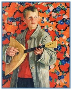 Niño jugando Balalaika por Nikolay Bogdanov-Belsky patrón de punto de cruz contado - Imagen 1 de 4