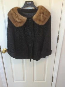 Vintage 60s Astrakin Black Curly Lamb Coat Cropped w/Mink collar S/M - Picture 1 of 6