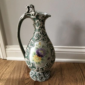 Jarrón jarrón vintage Nippon Moriage verde jarrón Ewer con flores de 15" de alto - Imagen 1 de 11