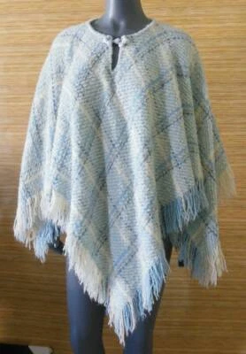 Boyne Valley Weavers Ireland Woven Poncho Lt. Blue & Cream Fringe One Size OS - Image 1 of 4