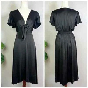 Vestido midi BALTIC BORN para mujer talla L negro amapola satinado con lazo delantero manga aleteada - Imagen 1 de 13