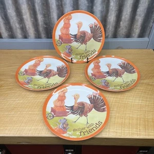 4 Pottery Barn Melamine Thanksgiving Plates 9” “Gather With Friends” Fall Turkey - Picture 1 of 9